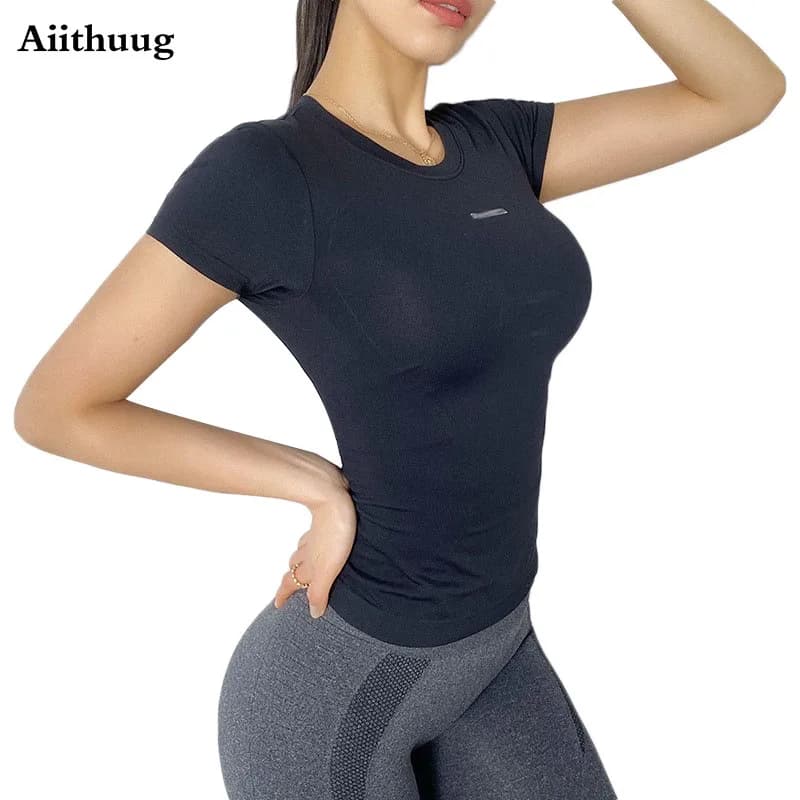 Aiithuug Yoga Manica corta Camicie da palestra ad asciugatura rapida Punti in vita a forma di S Top elasticizzato Traspirante Sport quotidiano Tennis Golf Top