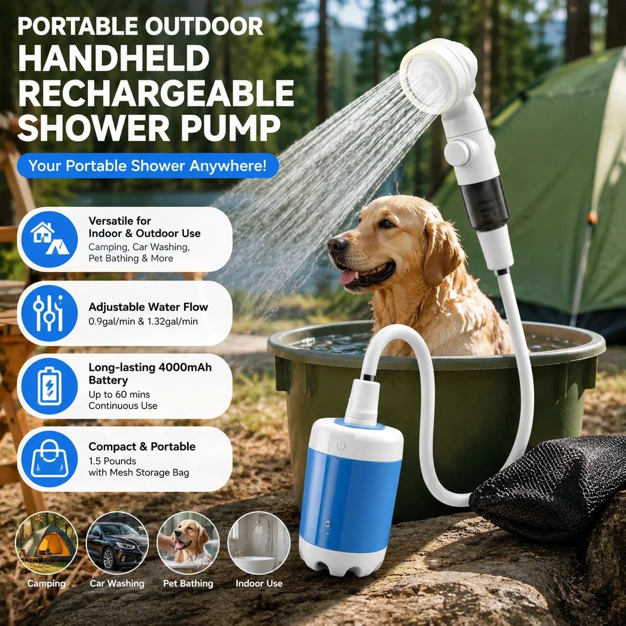 Doccia esterna ricaricabile portatile Design compatto flusso doccia delicato per il bagno dei cani Lavaggio auto Irrigazione dei fiori