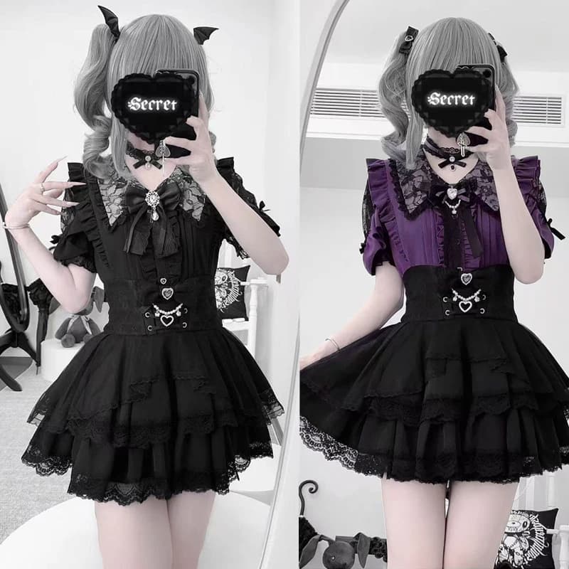 Gothic Lolita Women Lace Ruffle Blouse + Black Tiered Tulle Skirt Heart Bow 2pcs Harajuku Alt Egirl Dark Academia Cosplay Suit
