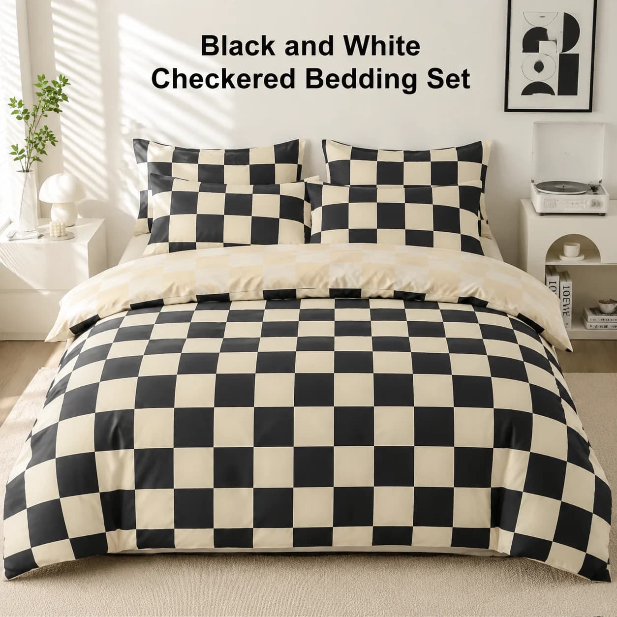 Black and Beige Checkered Duvet Cover 3-Piece Set, Modern Checkered Bedding Set, Soft Bedspread with Pillowcases, Available for Single, Double, King, and Queen Beds