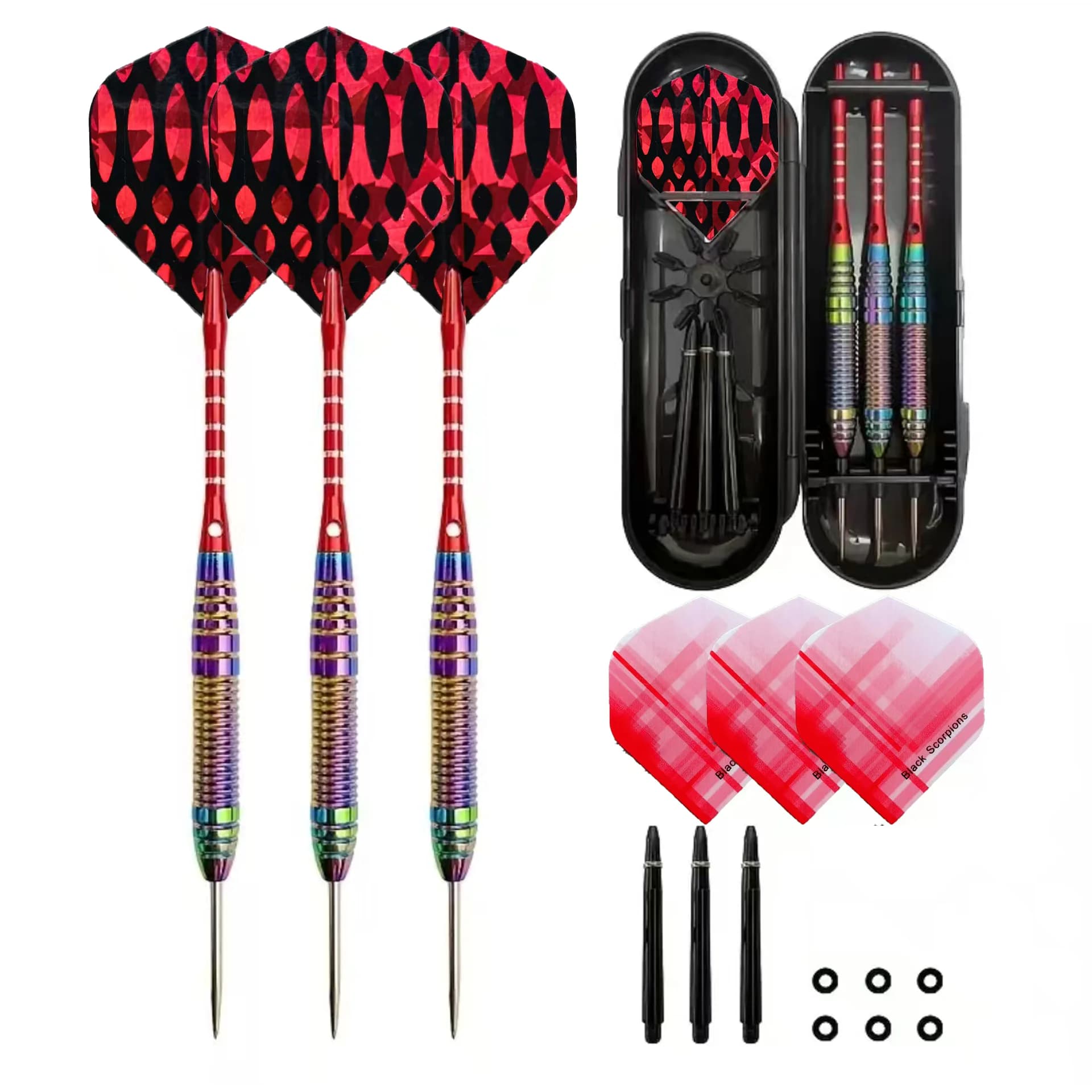 Set di 3 Freccette Professionali con Punta in Acciaio da 22g, Corpo Arcobaleno e Protezione in Nylon per il Fusto + 3 Alette di Ricambio