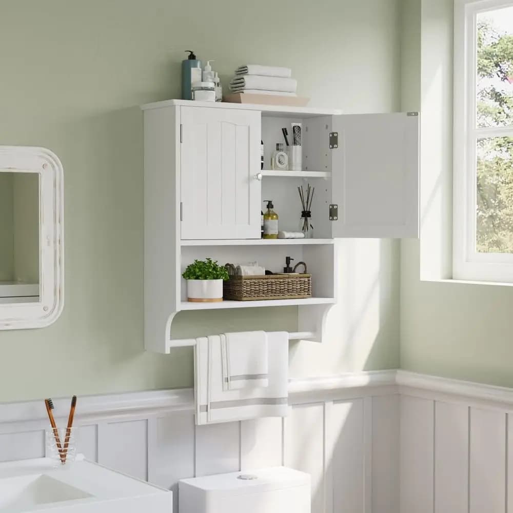 Mobiletto da Bagno Bianco a Parete con Portasciugamani e Ripiani Regolabili