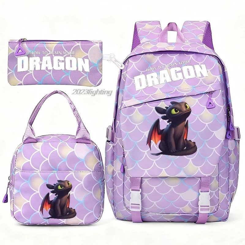 Toothless How to Train Your Dragon Backpacks 3pcs Fishtail Pattern Lightweight School Bags With Shoulder Bags Cartoon Travel Bag