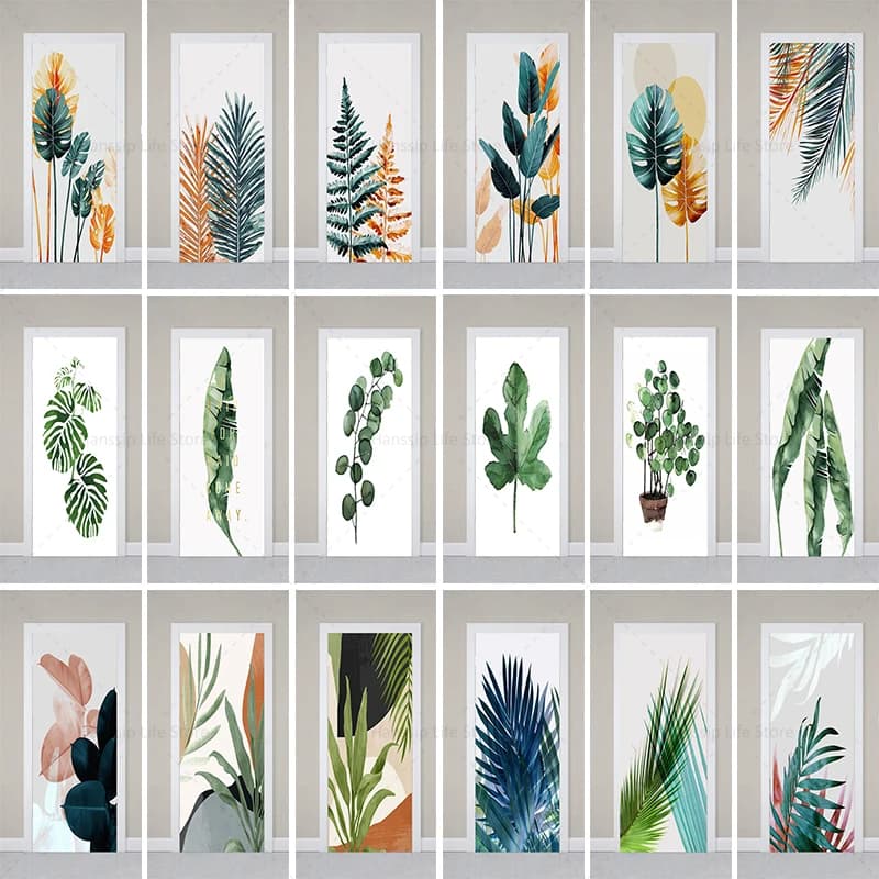 Simple Oil Painting Plant Flower Door Sticker Peel-off Waterproof Self-adhesive Mural Decoration Living Room Bedroom Sticker