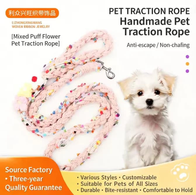 1Pcs Hot-selling pet dog leash, light pink mixed puff flower design, escape-proof cute pet lead