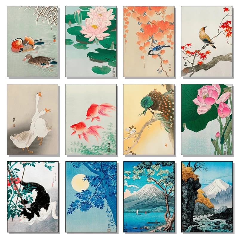 Retro Japanese Flowers Cat Dogs Frog Bird Mount Landscapes Posters Canvas Painting Wall Art Pictures Living Room Home Decor G