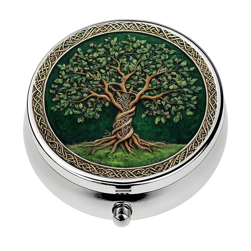 Single-piece, flat, round three-compartment box, designed with a circular Tree of Life pattern, moisture-proof storage, soothing to the mind, suitable as a practical gift for a girlfriend, made of metal