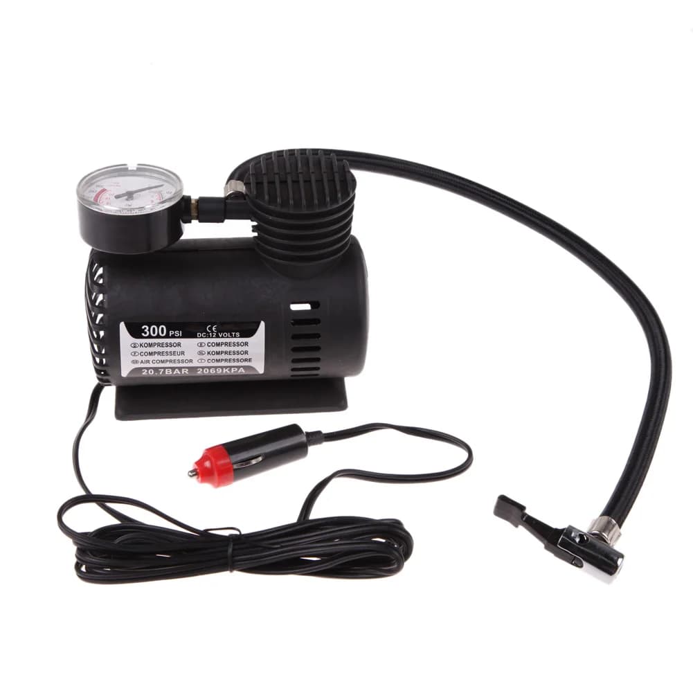 Compressore d'Aria Portatile 12V con Manometro, Pompa Elettrica per Gonfiaggio Pneumatici Auto, Moto e Bici