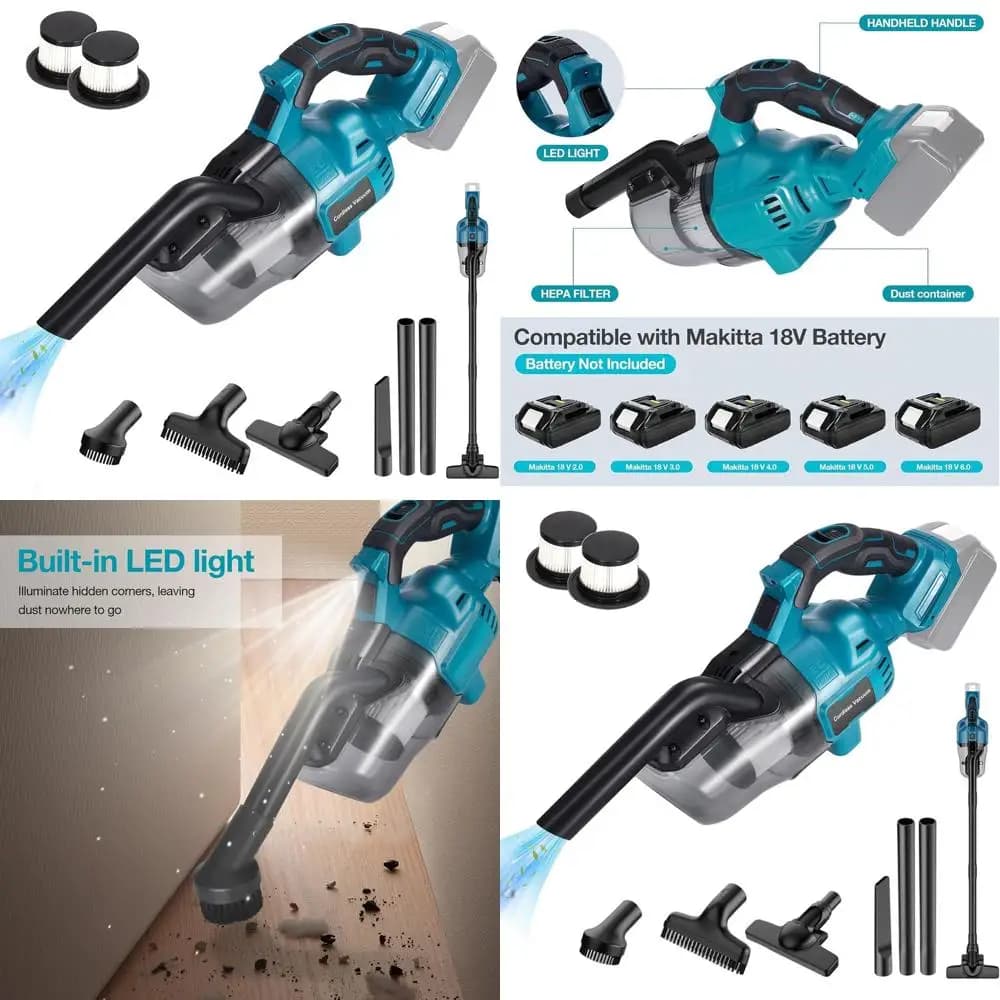 Aspirapolvere Portatile Senza Fili 18V con 4 Ugelli, 2 Filtri HEPA, Leggero per Uso Domestico e in Auto (Batteria Non Inclusa)