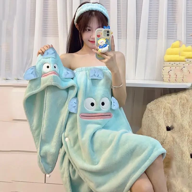 Towel with Sanrio Hangyodon Character with Dry Hair Cap Suitable for Women and Children Bath Towels Cartoon