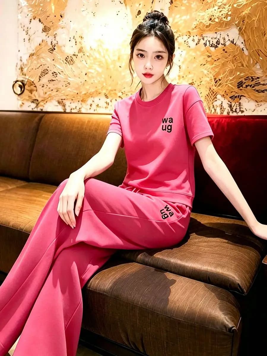 Fashionable Street Style Casual Sportswear Set Women's Summer Anti-Aging Pink Short Sleeve T-Shirt Wide Leg Pants Two-Piece Set