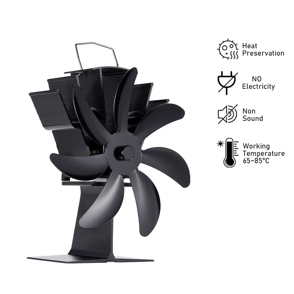 Ventilatore per stufa a 7 pale Ventilatore per camino alimentato a calore Bruciatore a legna per legna Lega di alluminio Eco-Ventola Casa silenziosa Distribuzione di calore efficiente e calda