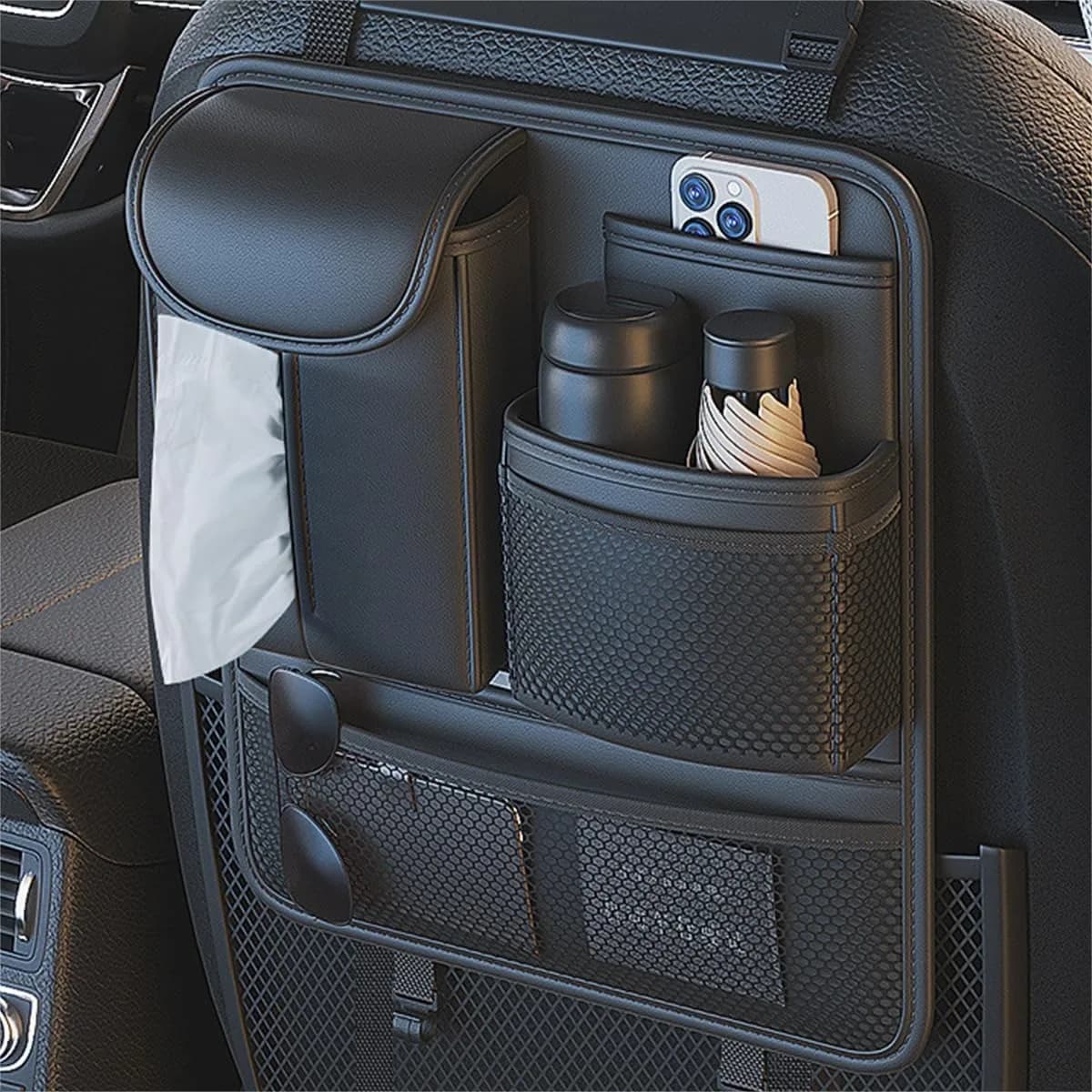 Organizer per Sedile Posteriore Auto con Vassoio Pieghevole, 5 Tasche Portaoggetti, Tappetini Impermeabili, Protezione per Sedile Auto da Viaggio