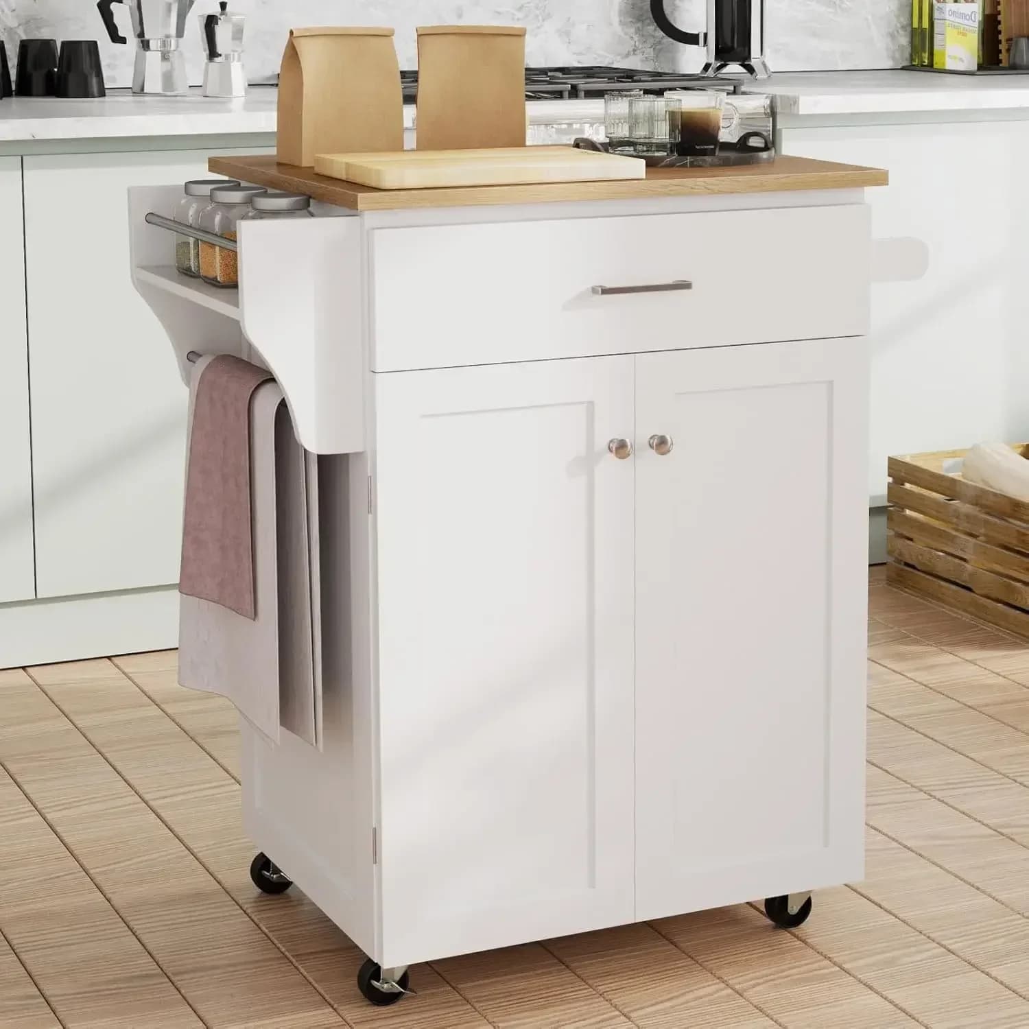 Best Seller! Carrello da Cucina con Ruote, Piccolo Carrello con Cassetti, Armadietto a 2 Ante, Porta Spezie e Porta Asciugamani