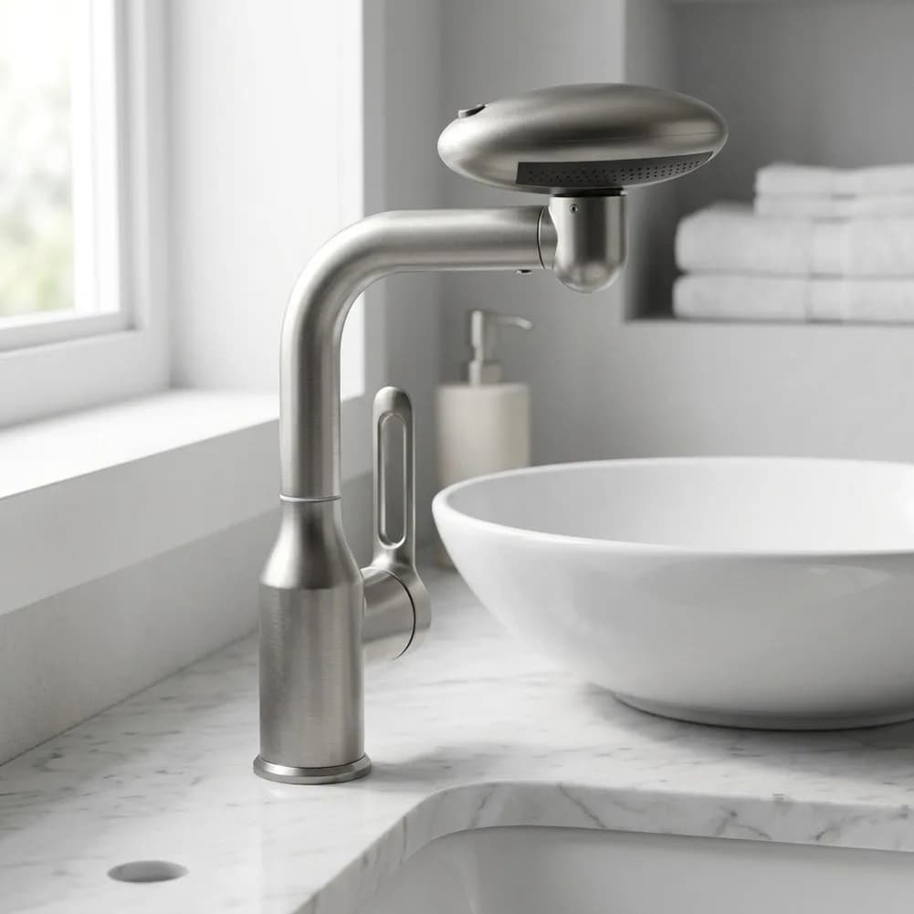 360 Degree Rotatable Gunmetal Sink Faucet Featuring Rain Waterfall Aerated Stream and Up Spray Modes for Bathroom Use