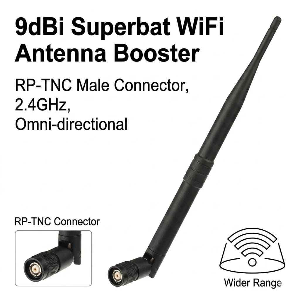 Antenna WiFi Omnidirezionale Pieghevole Superbat 9dBi 2.4GHz con Connettore RP-TNC Maschio per WRT54G WAP54G 802.11b 802.11g, Antenna in Gomma