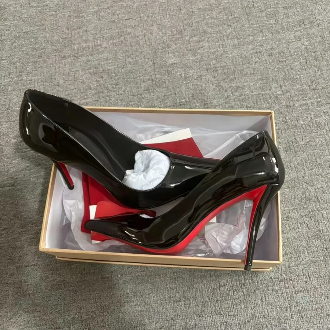 Scarpe con Punta Affusolata e Suola Rossa per Donna, Tacchi Alti in Pelle Nera, Stiletti Femminili con Suola in Vera Pelle, Classici Nuovi