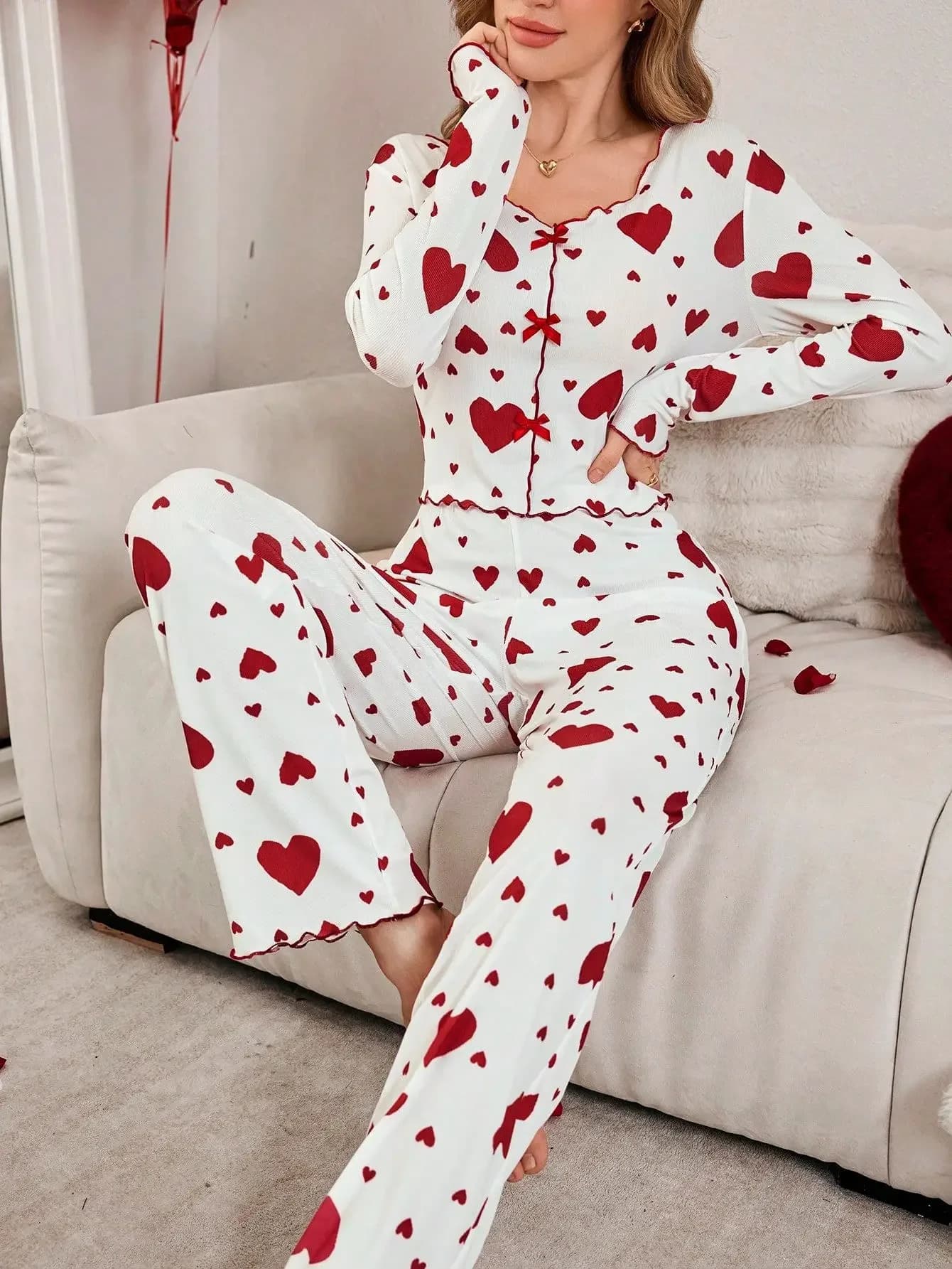 Set Pigiama Autunno Inverno 2 Pezzi per Donna, Abbigliamento da Notte con Stampa a Cuori, Maglia a Maniche Lunghe e Pantaloni Lunghi