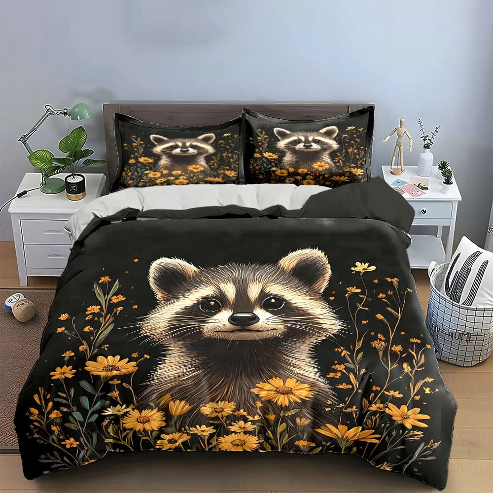 Set di biancheria da letto Raccoon Floral Art Set Decor con 1 copripiumino, 2 federe, singolo, matrimoniale, king, queen, regalo
