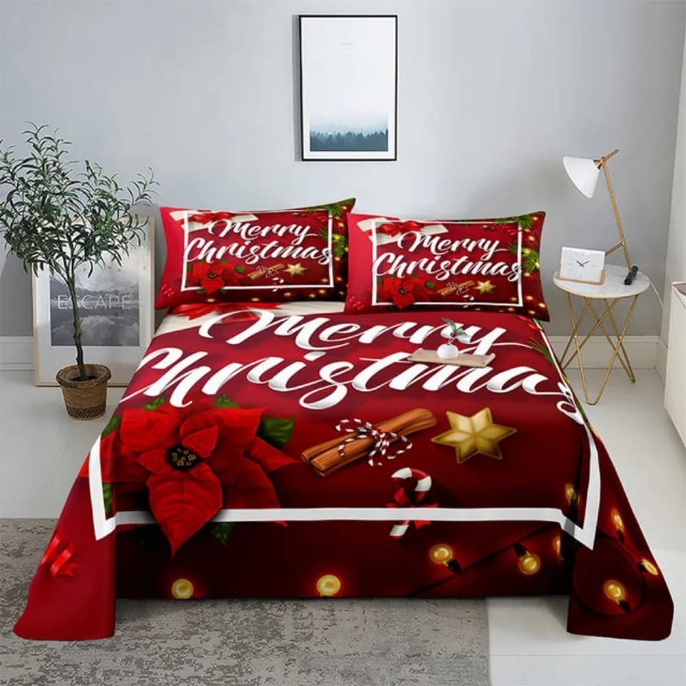 Set lenzuola di buon Natale con federa Stampa 3D Babbo Natale Decorazioni per la casa Capodanno King Queen Lenzuolo piatto letto rosso full size