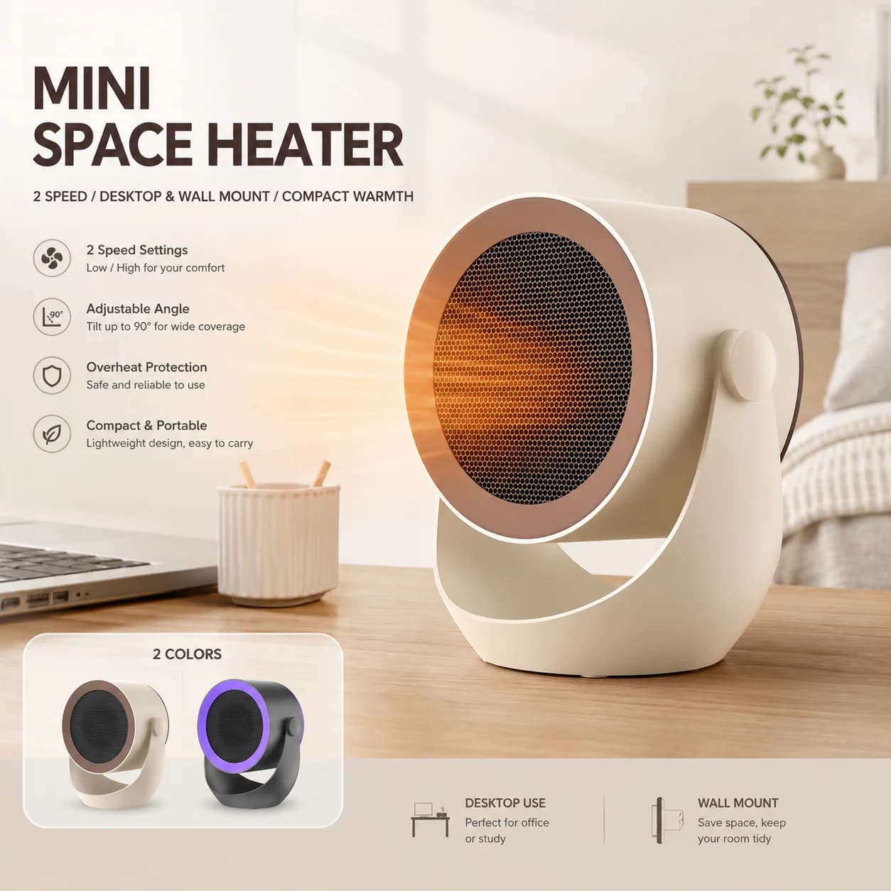 Household Mini Space Heater 2 Speed Adjustable Electric Warm Air Blower Wall Mountable Desktop Heating Fan Safe Warmer