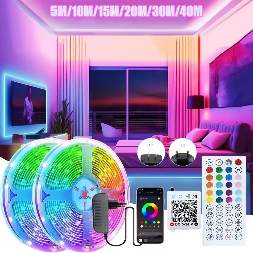Striscia LED DC 24V con Alimentatore 5M 10M 15M 20M 30M 40M, Luci a Nastro RGB Effetto Ghiaccio per Camera da Letto, Tavolo, Stanza dei Bambini