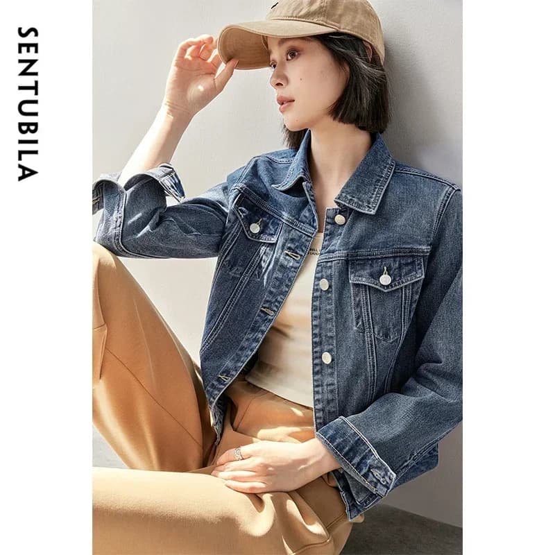 Giacca di jeans cropped classica da donna SENTUBILA azzurra con colletto a punta, cappotto casual in denim per primavera autunno W43W57147X