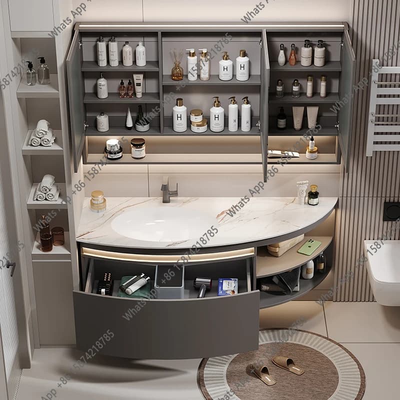 Mobile da Bagno con Lavabo Bianco, Organizer, Specchio, Armadietti, Spazio di Archiviazione di Lusso, Arredamento per Bagno