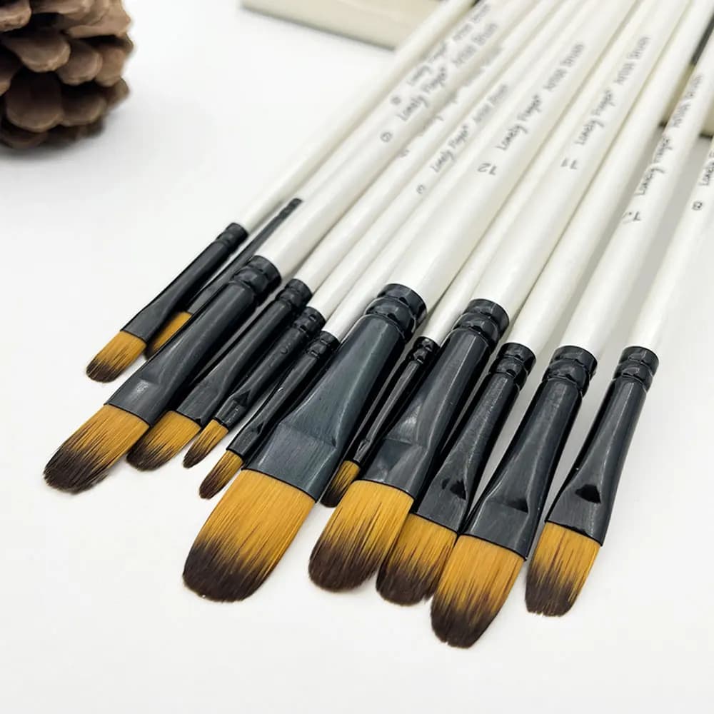 12Pcs Filbert Artist Paint Brush Set, Quality Synthetic Hair Wooden Handle for Watercolor Oil Painting for Beginners