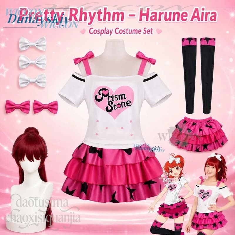 Costume Cosplay Anime Pretty Rhythm Harune Aira, Abbigliamento per Pratica di Danza Y2K Jirai Kei, Vestito Rosa Kawaii, Parrucche per Festa di Halloween