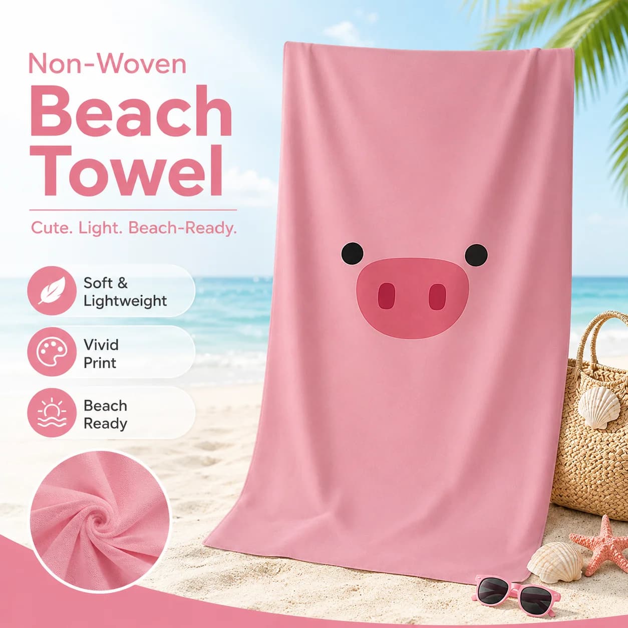Asciugamano da Spiaggia con Stampa di Maialino Rosa, Morbido e ad Asciugatura Rapida in Microfibra per Bambini e Ragazze, Ideale per Piscina, Feste Estive e Viaggi
