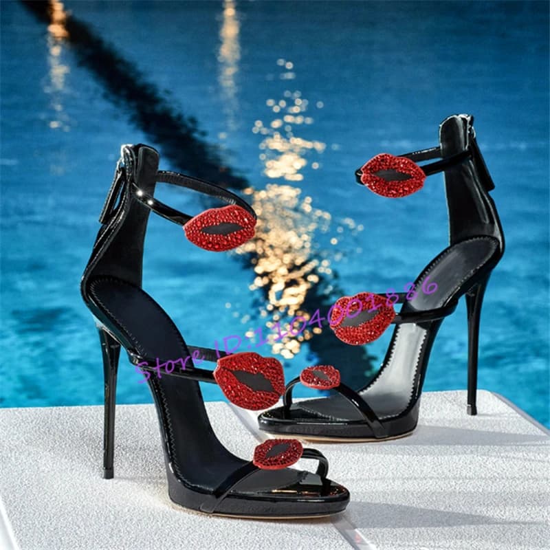 Women's sexy sandals with red lips with rhinestones Black patent leather strap with open tip 11 cm High heels for banquets Party stiletto shoes