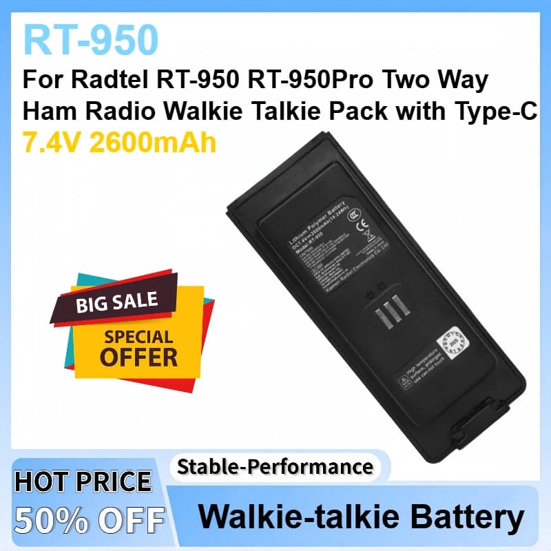 Nuova batteria agli ioni di litio RT-950 da 7,4 V 2600 mAh per Radtel RT-950 RT-950Pro pacchetto walkie-talkie radioamatoriale bidirezionale con tipo C