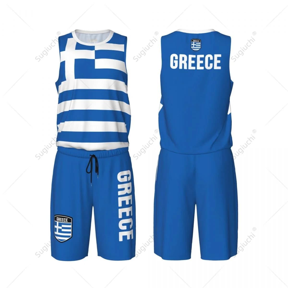 Set da basket greco da uomo con bandiera della Grecia, camicia e pantaloni in rete, senza maniche, esclusivo team-up, nome personalizzato, Nunber, unisex