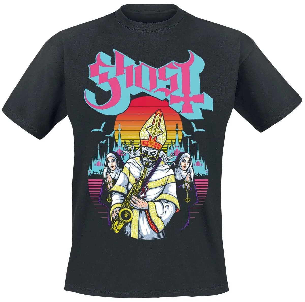 T-shirt in cotone con stampa Ghost Retro Neon Saxophone Papa, per uomo e donna, unisex, con stampa Metal Band