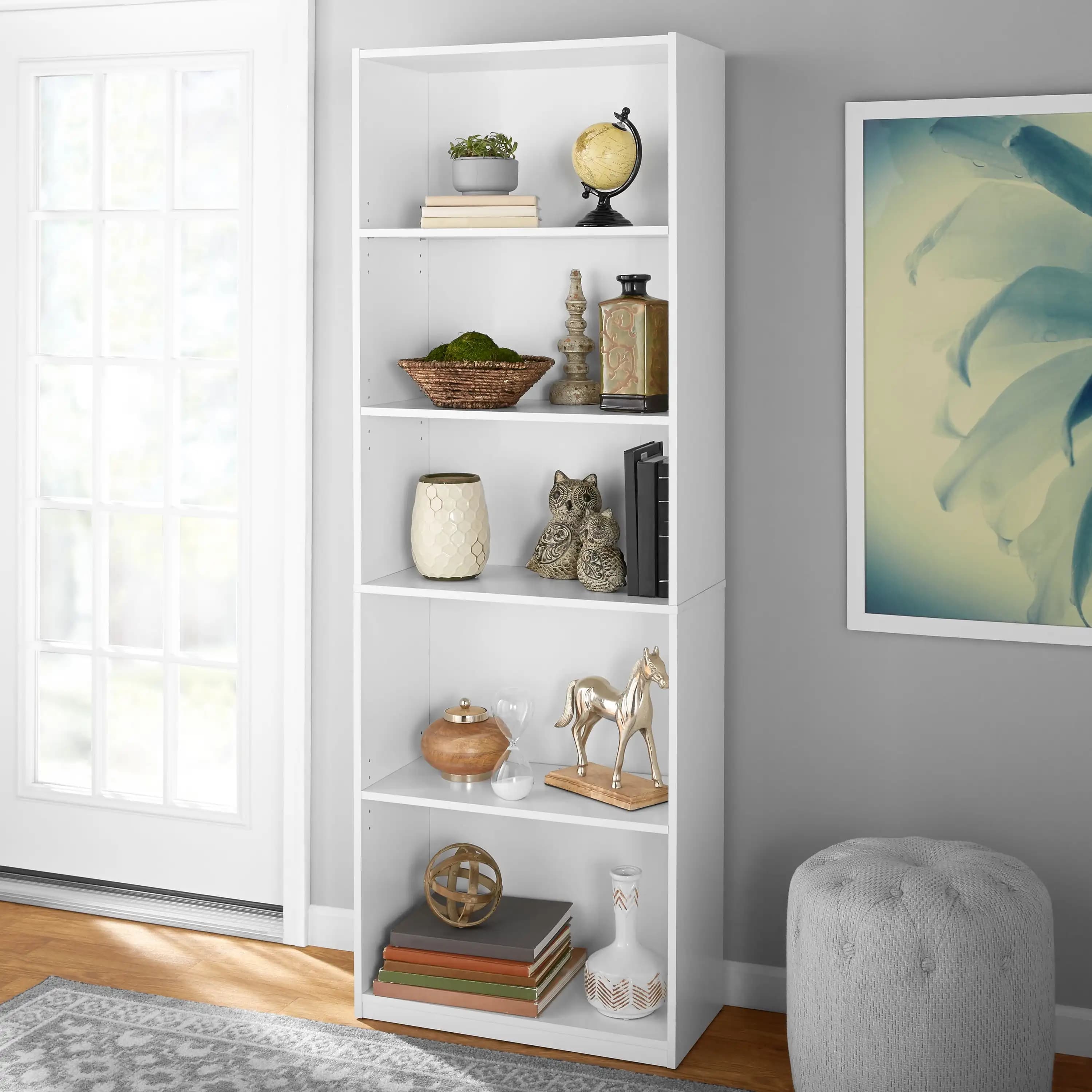 Libreria a 5 ripiani con ripiani regolabili, libreria in legno massello/schienale chiuso/espositivo per soggiorno, camera da letto, casa e ufficio, bianco
