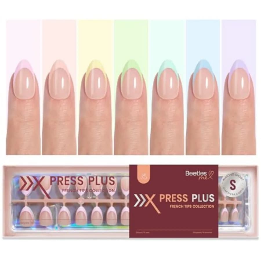 Beetles French Tip Press On Nails 224 Pcs 7 Colors, Short Almond Classic Fake Nail Tips, Pastel Romance Macaron Soft Gel Nails