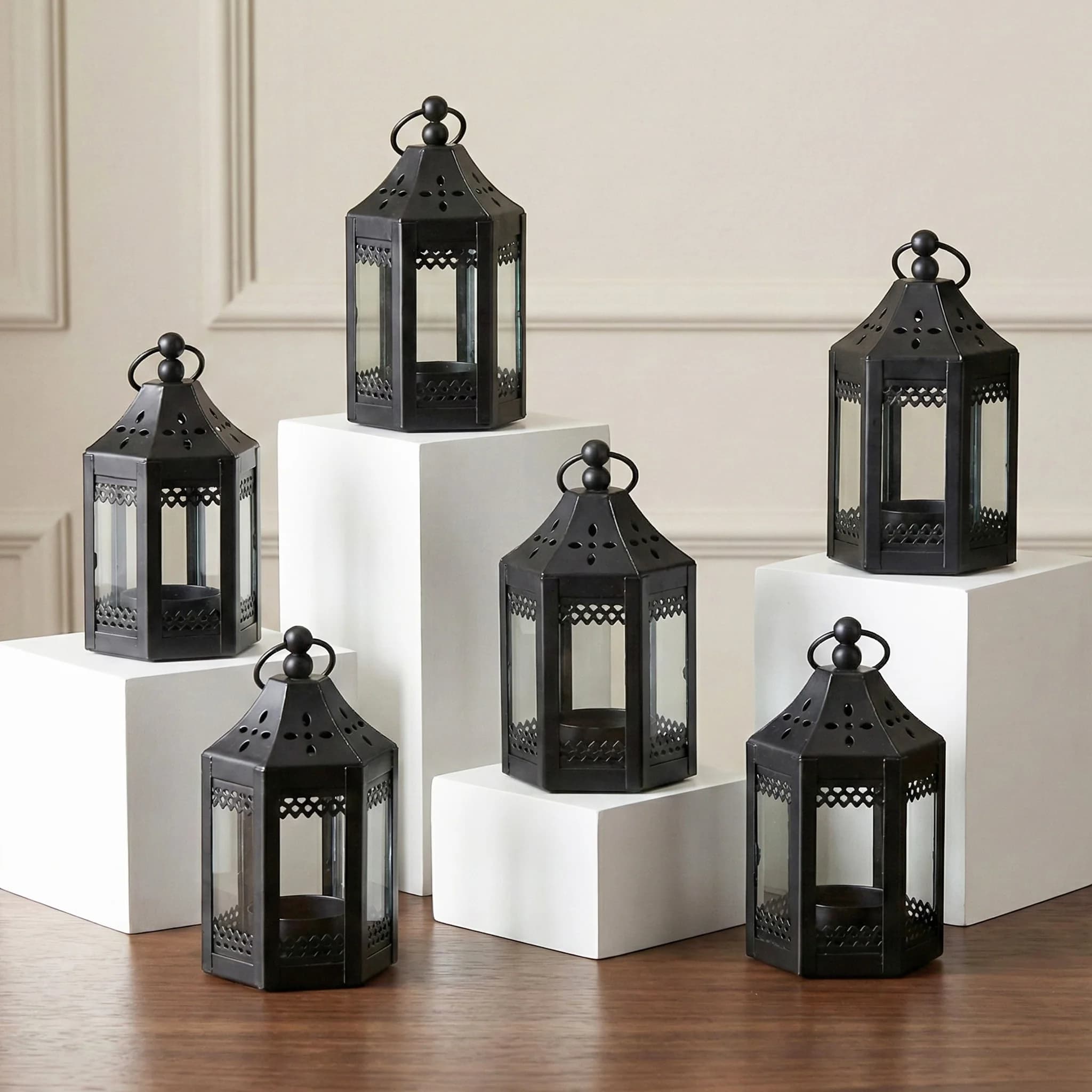 Set di 6 Mini Lanterne Marocchine in Metallo da 4,5 Pollici, Portacandele Decorativi - per Ramadan, Centrotavola, Decorazioni per la Casa