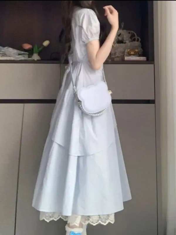 Gentle Wind Beautiful Bubble Sleeve Dress Summer 2026 High Waist Cotton Blend Short Sleeve Slim Fit round Neck Single Piece