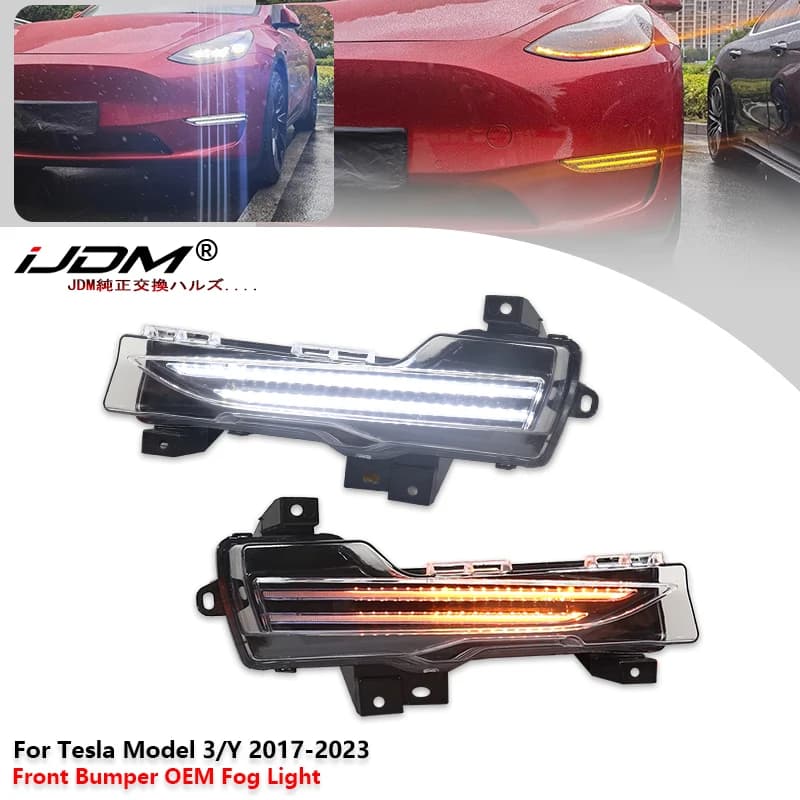 Kit Luci Fendinebbia/DRL - Indicatori di Direzione LED Sequenziali per Tesla Model 3 2017-23, Model Y 2020+ (Fendinebbia/DRL Bianchi, Indicatori di Direzione Ambra)