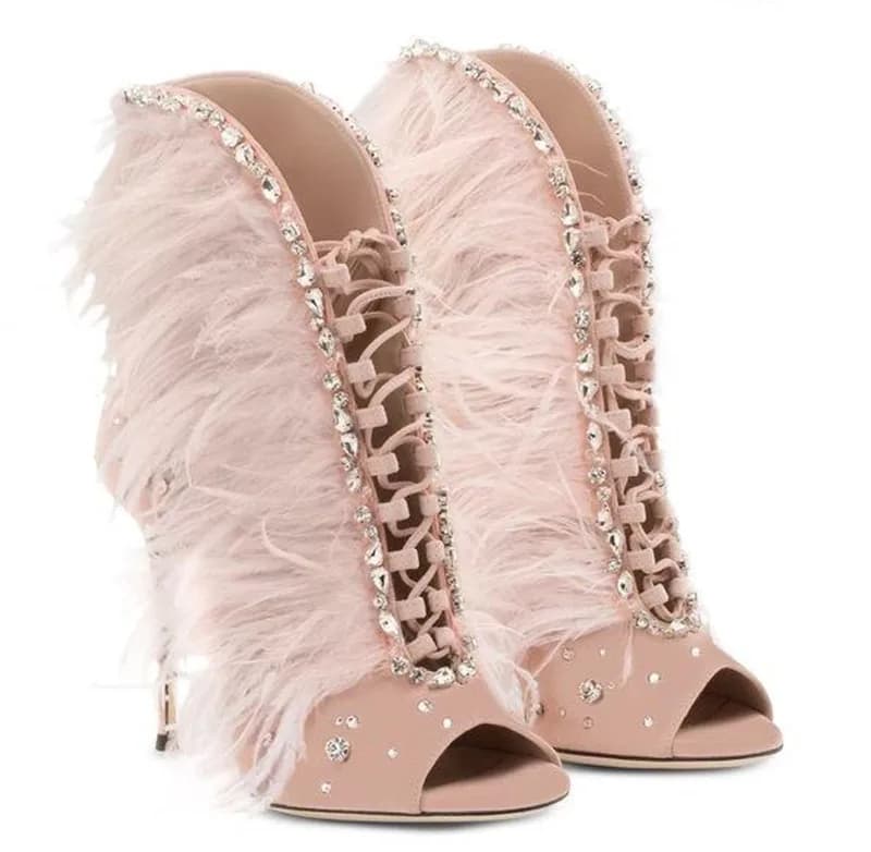 Sandali Estivi da Donna con Cristalli Luccicanti e Pelliccia, Punta Aperta, Tacco a Spillo, Design con Lacci, Taglie Grandi, Scarpe da Sfilata di Moda