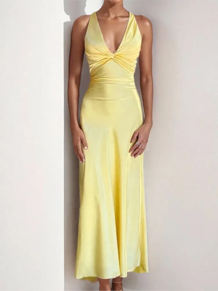 Abito Lungo Elegante da Sera Sexy, alla Moda Estivo Monocolore con Scollo a V e Halter, Vestito Maxi da Spiaggia Senza Maniche con Schiena Scoperta 2026