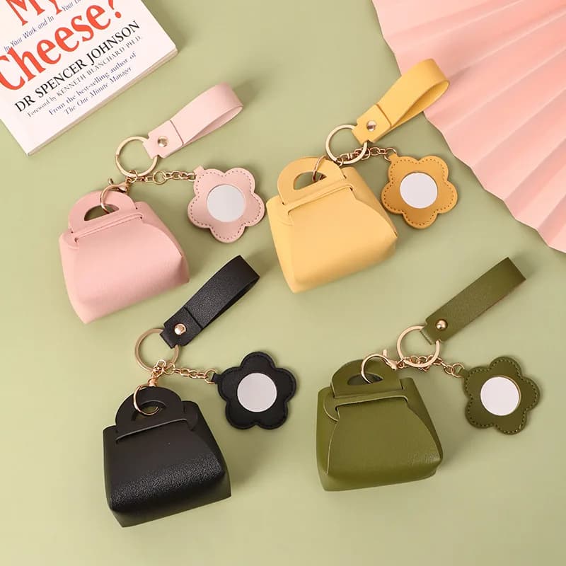 Portachiavi creativo coreano in PU con mini specchio, piccola borsa portaoggetti, ciondolo in pelle, portamonete piccolo a tinta unita
