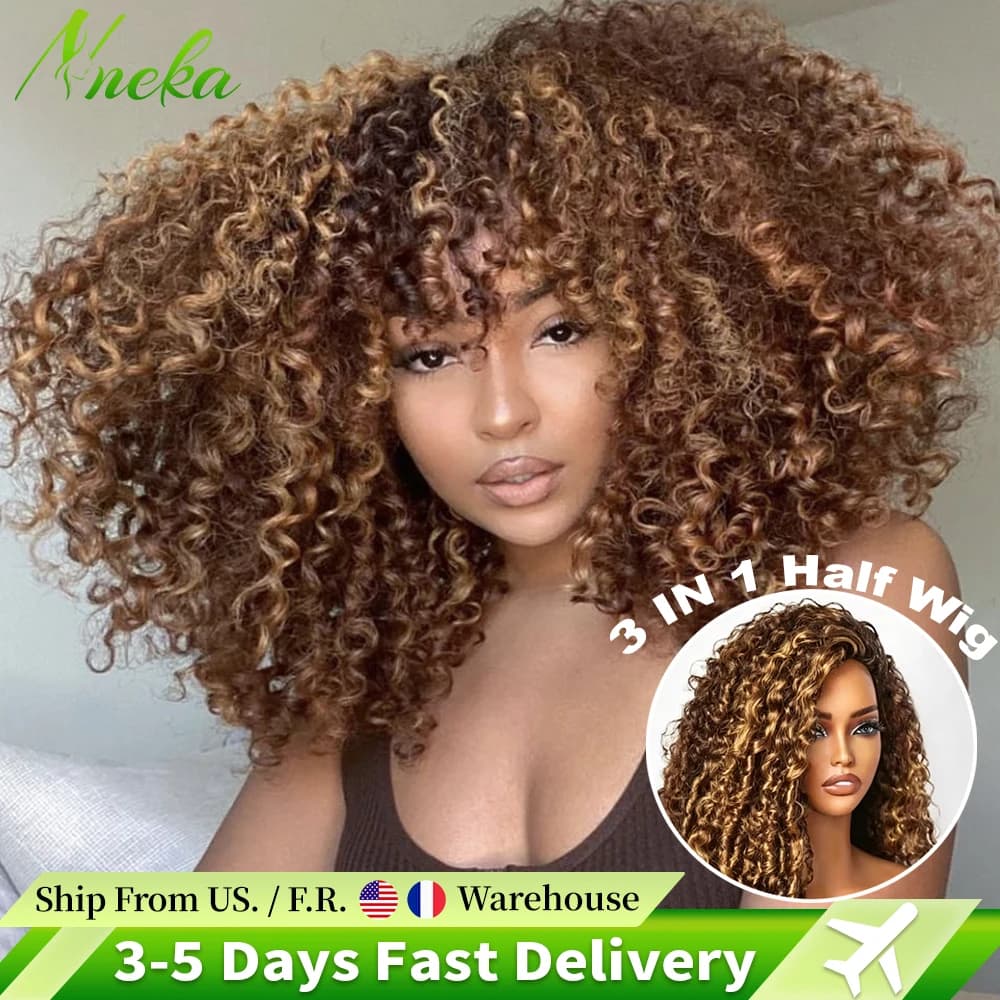 P427 Highlight Honey Blonde Burmese Curly 3 IN 1 Half Wigs Human Hair Wig Glueless Wig Ready to Go Drawstring Clip Burmese Curly Half Wig