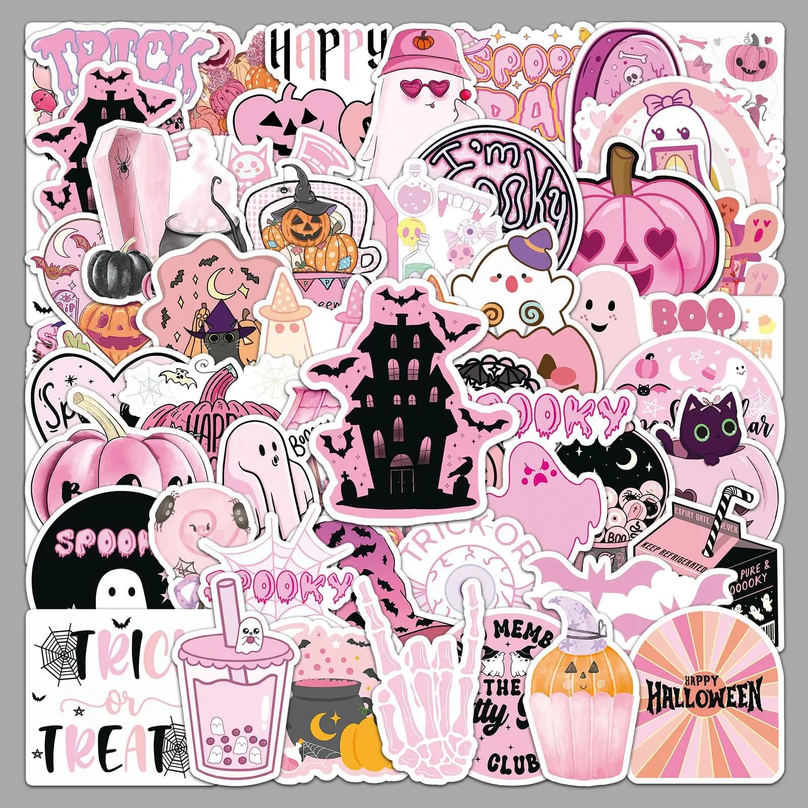50 adesivi estetici rosa a tema Halloween con fantasmi e zucche per custodie di telefoni, laptop, notebook, valigie, skateboard e fai da te