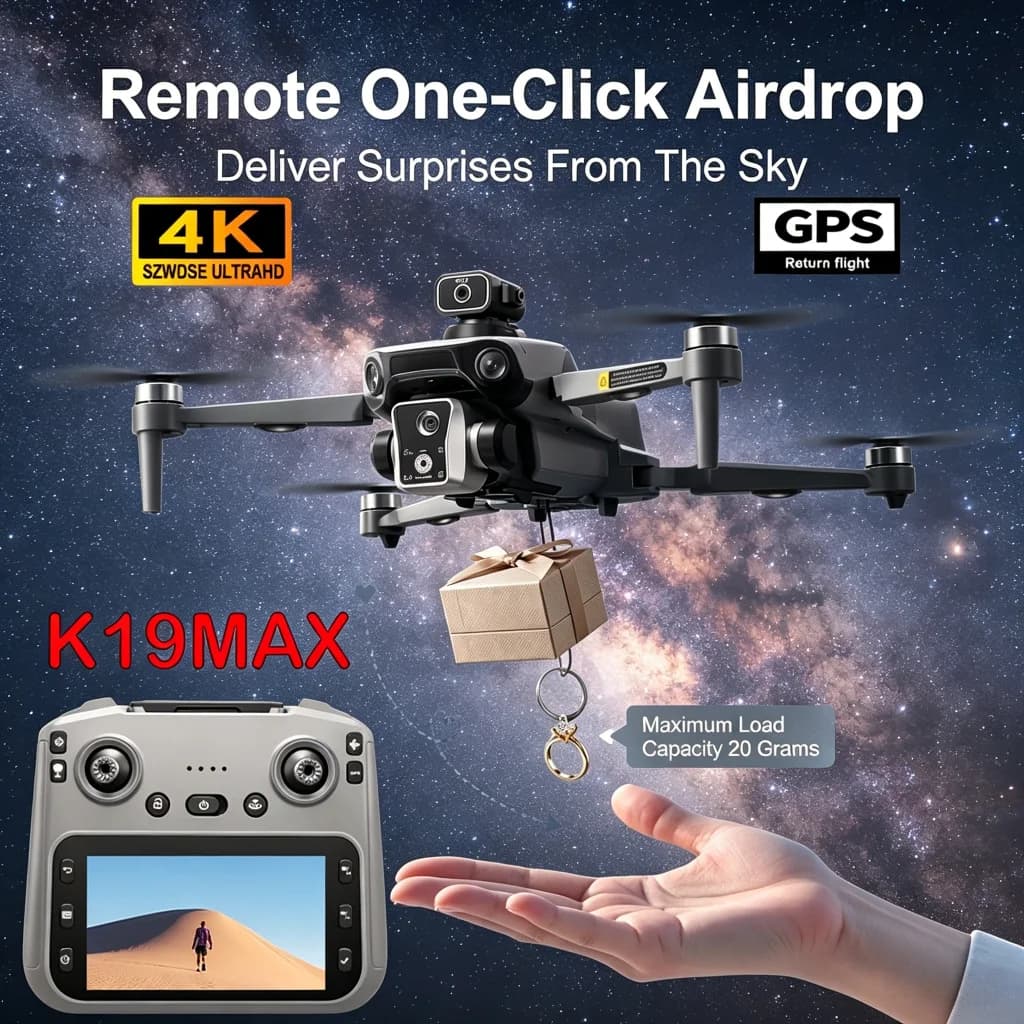 Drone RC K19 MAX 2026 con GPS, Ritorno Automatico e Schermo, Aeromobile per Fotografia Aerea, Quadricottero Brushless con Funzione Airdrop e Telecomando