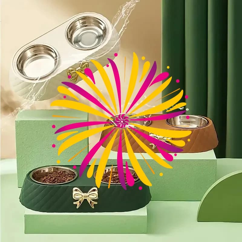 1PC Pet Dog and Cat Portable Food Bowls Bowtie Dog Food Drinking Double Bowl Pet Supplies