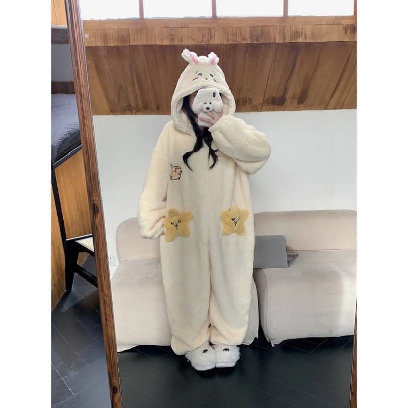 Anime Chiikawa Usagi Onesie Pajama Fleece Lined Winter Thickened Soft Casual Unique Design Women Loose Fit Loungewear Kawaii