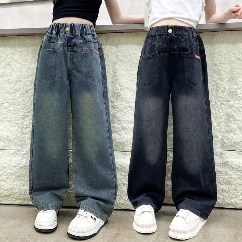 Jeans Casual a Gamba Larga Lavati per Ragazze Adolescenti, Pantaloni in Denim per la Scuola, Jeans Moda Primavera Autunno in Tinta Unita per Bambini