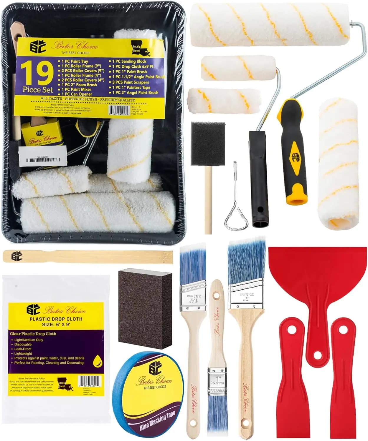 19 Pieces Painting Roller Kit with Handles in Microfiber, Frame, Tray, Angle Brush and Foam Brush for Walls, Furniture, Interior and